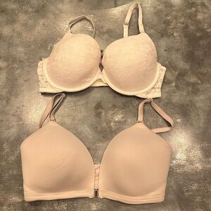 PINK VS EVERYWHERE WIRELESS FRONT-CLOSE BRA, 34D, Marzipan, Lace, Wired